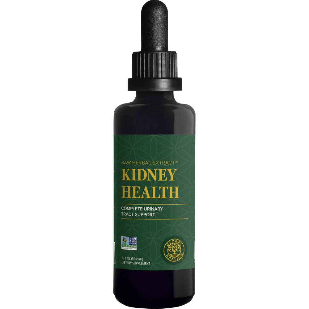 A bottle of kidney health herbal extract with a dropper, labeled 'Kidney Health - Complete Urinary Tract Support'.