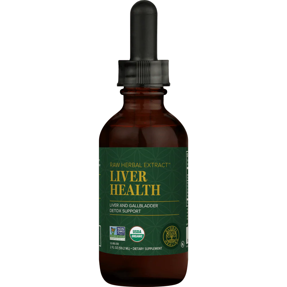 A brown glass dropper bottle labeled 'LIVER HEALTH' containing a herbal extract, designed for liver and gallbladder detox support, featuring a green and gold design.