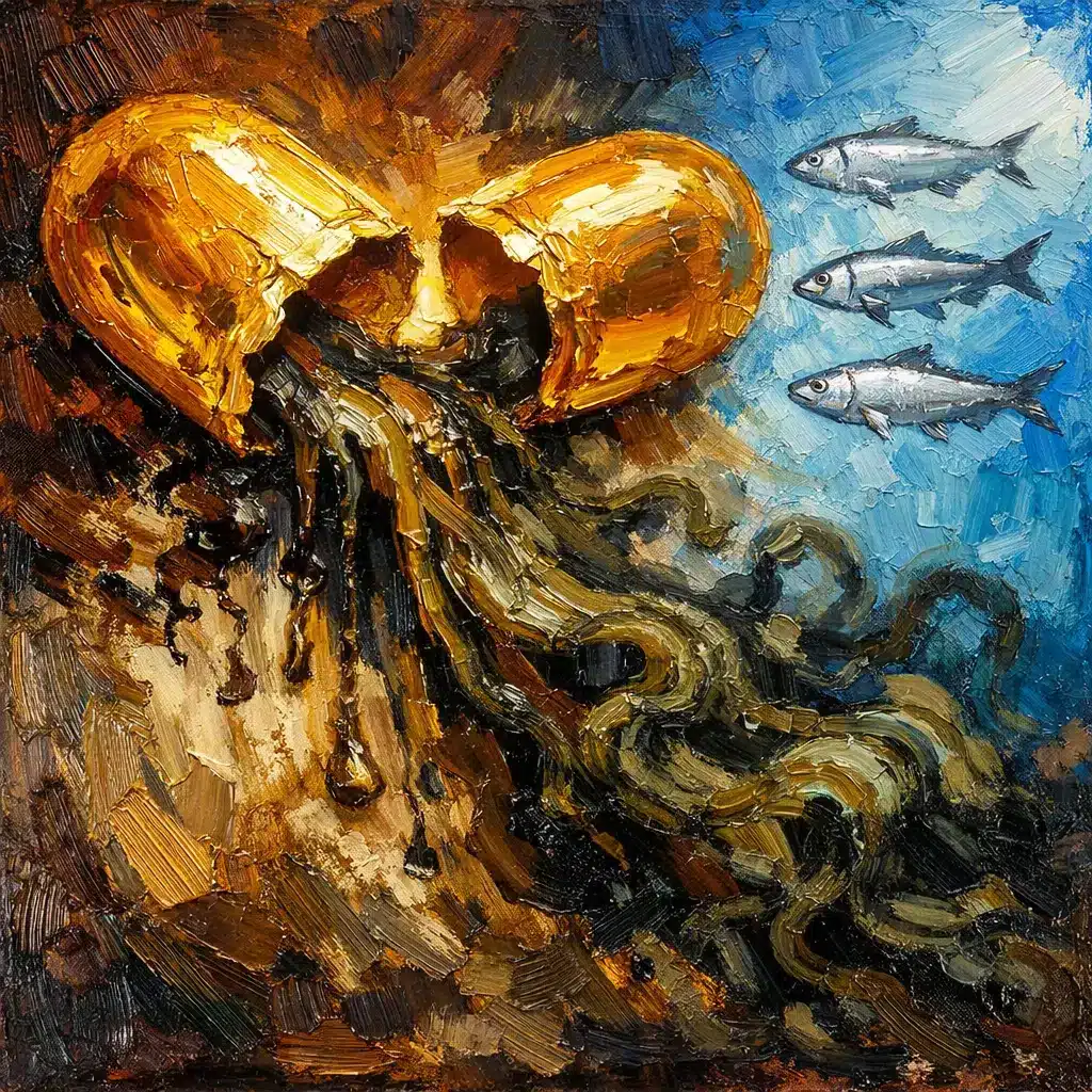 Oil Painting of fish oil capsule breaking open in the blue ocean, spilling out rancid goo and turning the water brown; while small fish look on