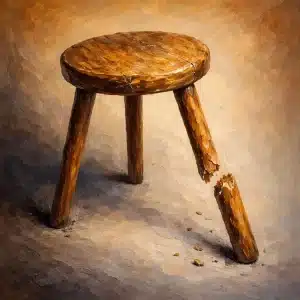 Oil painting of a three-legged stool with one leg breaking off
